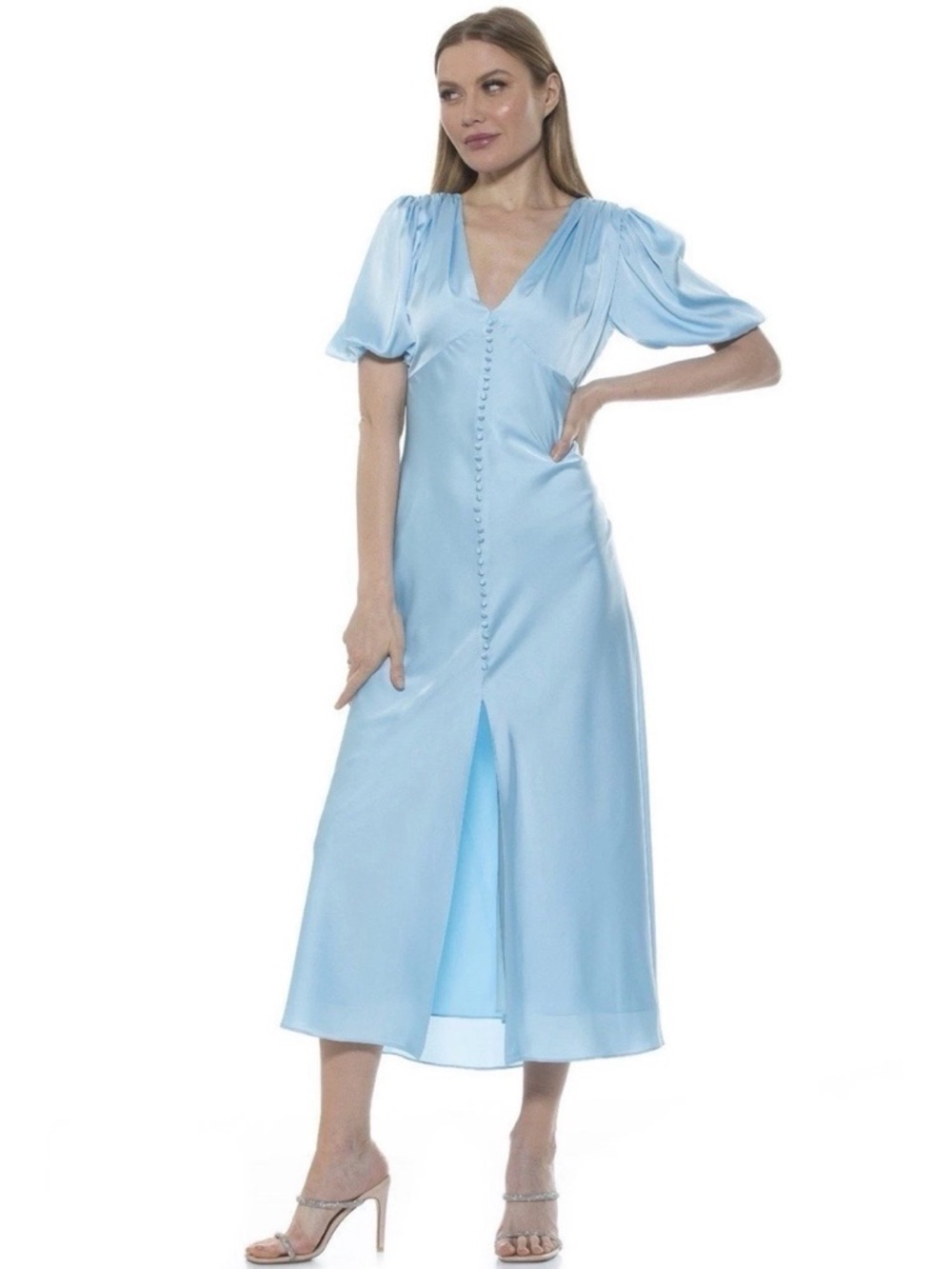 NWT Alexia Admor Lorelei Halogen Blue Satin Button Midi Dress